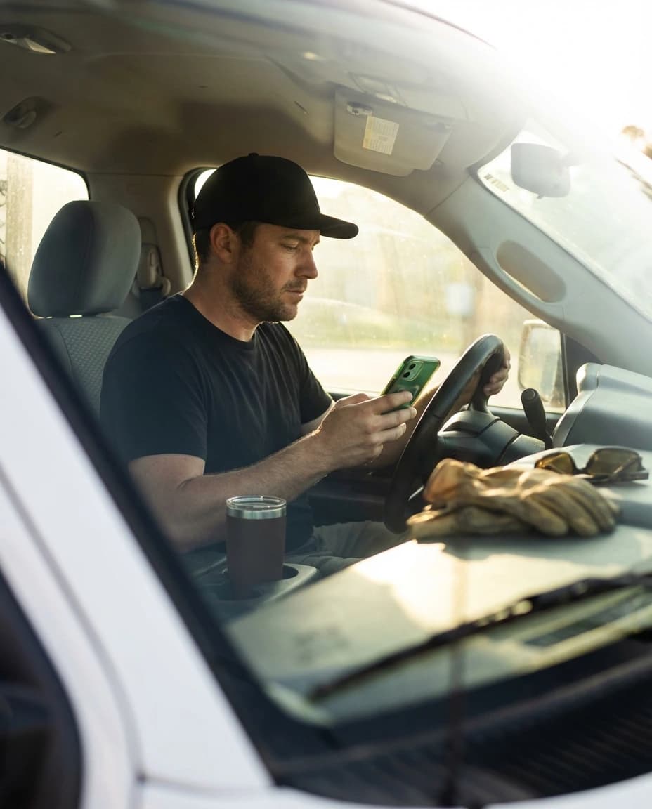 Operator checking phone in work truck
