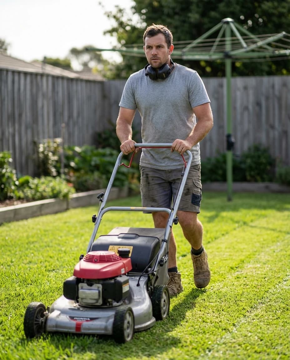 Lawn care professional actively mowing